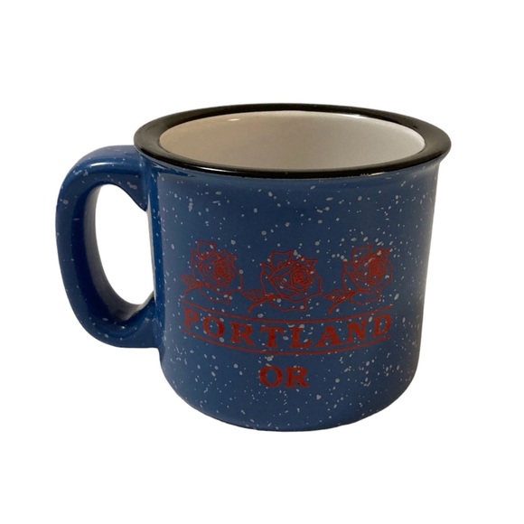 M Ware Portland OR Oregon Blue White Red Black Coffee Tea Mug Roses - Picture 2 of 8